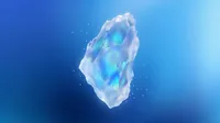 Faceted iridescent crystal surrounded by floating white numb